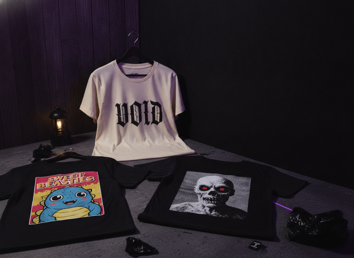 Fotografía editorial de varias playeras de algodón personalizadas con diseños DTG distintos (ilustración full color, tipografía y una fotografía impresa), en flat lay o colgadas, con variedad de colores de prenda. Fondo oscuro con acentos morados de Munster Works. Composición de producto premium con espacio negativo del lado del texto.