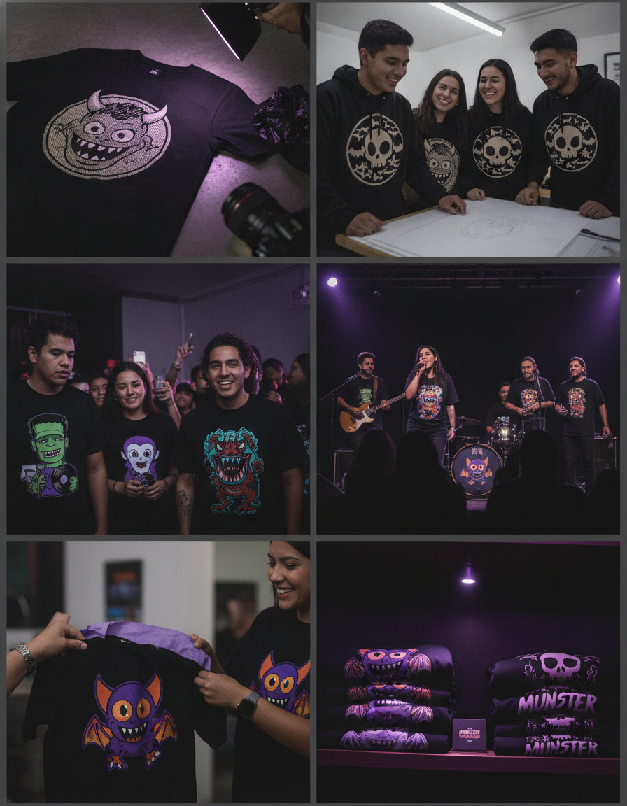 Collage editorial en cuadrícula de 4 a 6 escenas reales de uso: una sesión de producto de una marca de ropa, un equipo con playeras iguales, asistentes de un evento, una banda con su merch en el escenario y una persona recibiendo una playera de regalo. Sin logotipos de terceros.