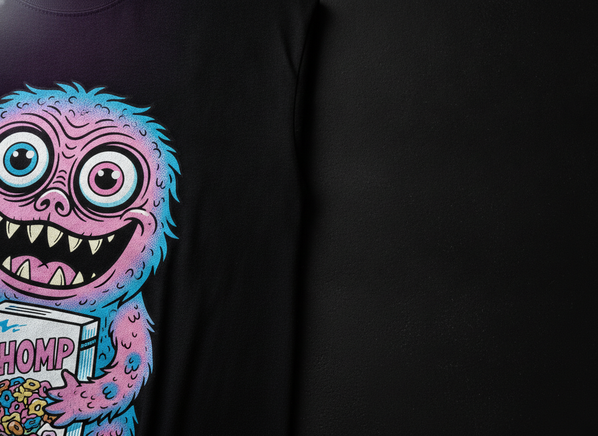 Detalle de una ilustración full color estilo anime o cultura pop impresa en DTG sobre playera negra; encuadre cercano donde se aprecian líneas finas y colores saturados.