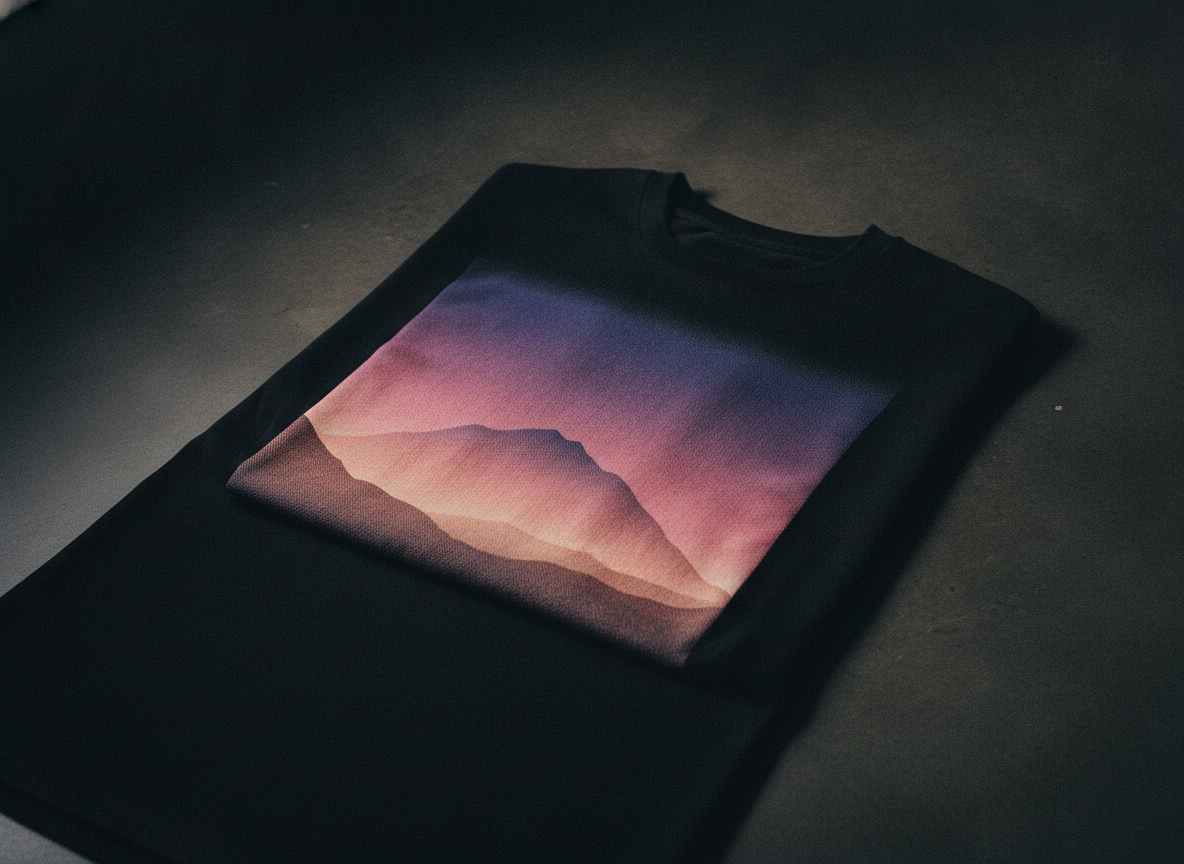 Playera con una fotografía o un degradado suave impreso, encuadre cercano que muestre la transición de color sobre el algodón.