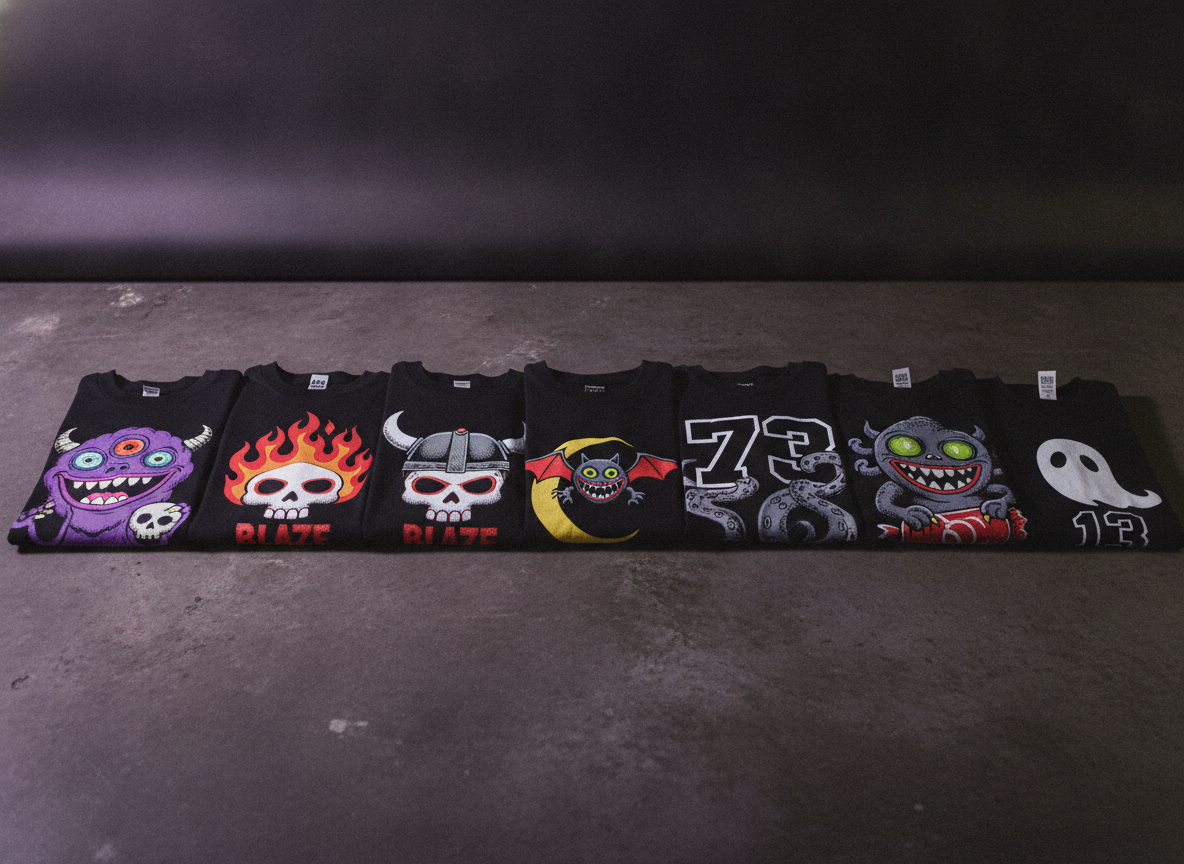 Fila de 4 a 6 playeras dobladas del mismo pedido, cada una con un nombre, número o variante de ilustración distinta.