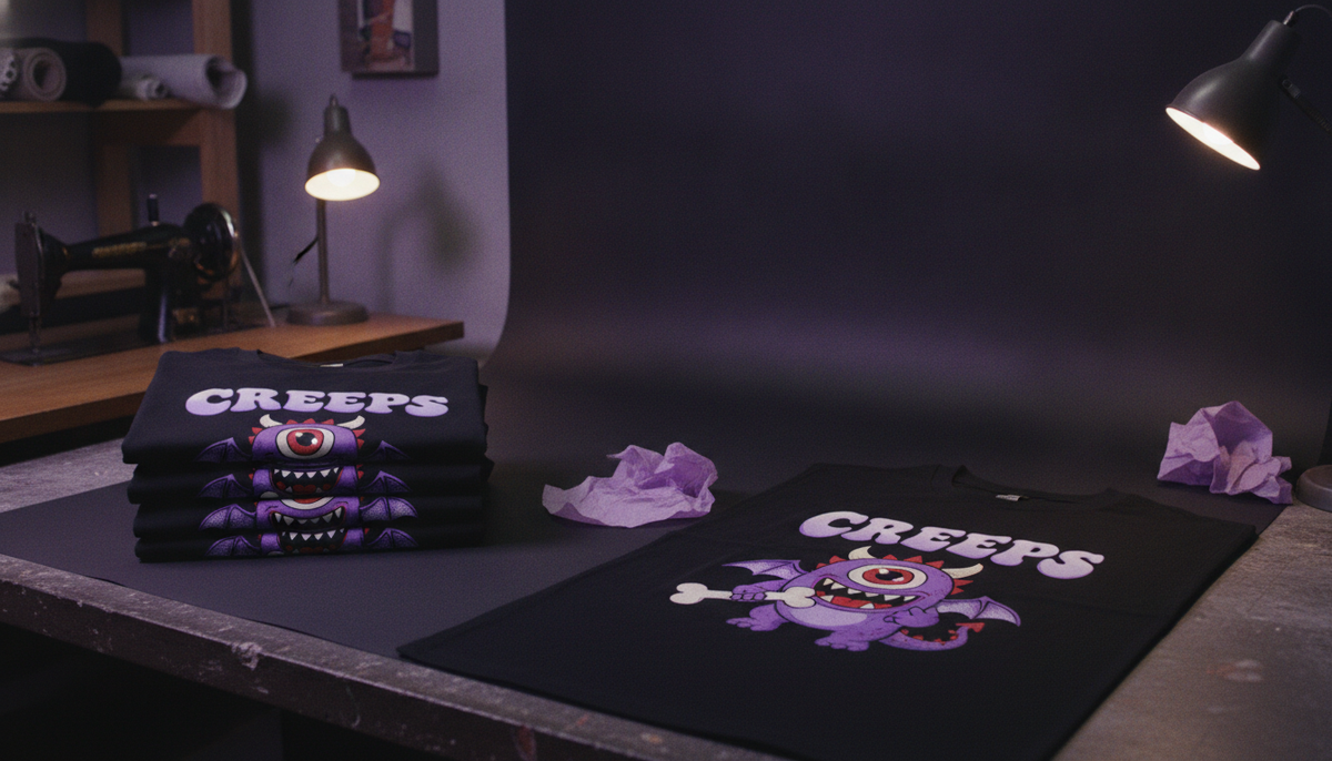 Pila ordenada de 12 a 20 playeras impresas con el mismo diseño, algunas desdobladas para mostrar la impresión; mesa de trabajo de un taller pequeño.
