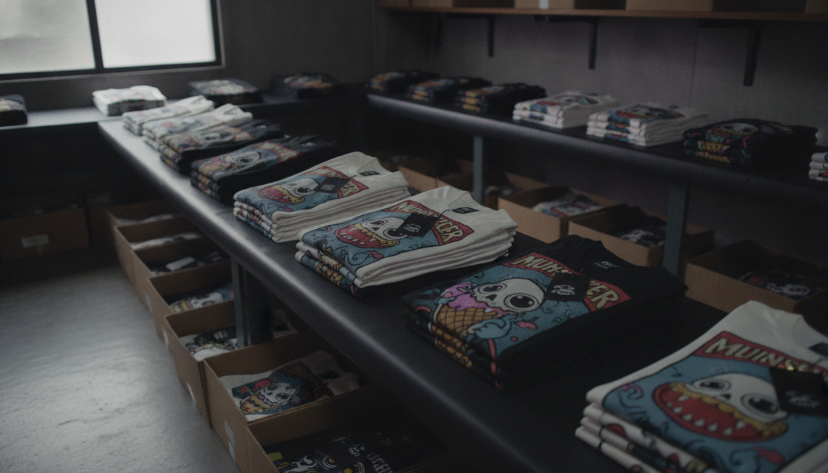 Vista amplia de un espacio de producción con varias pilas y cajas de playeras impresas, etiquetadas y listas para entrega.
