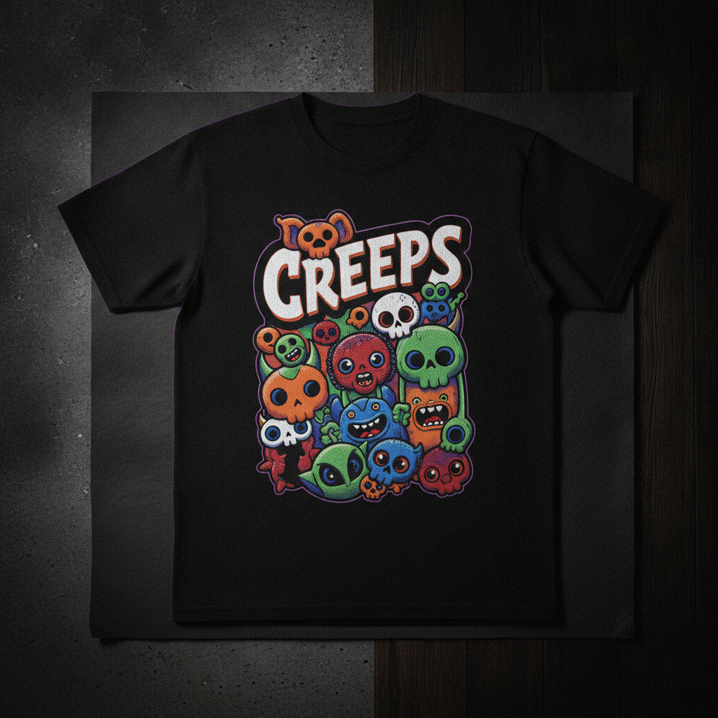 Playera negra con una ilustración grande full color al frente, fotografiada en flat lay con luz de estudio; es la pieza protagonista de la galería. Sustituir por un trabajo real autorizado.