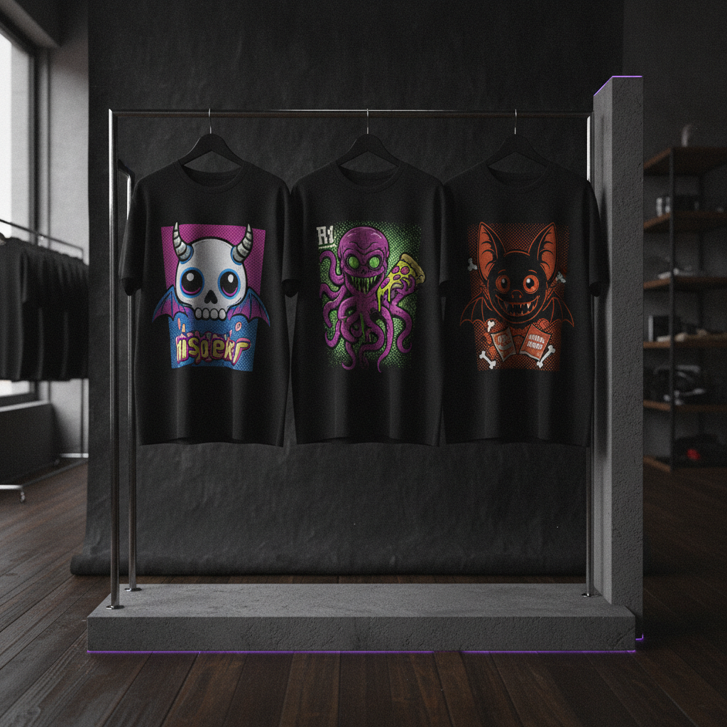 Tres playeras de una misma colección de una marca emergente, colgadas en un rack. Sustituir por un trabajo real autorizado.