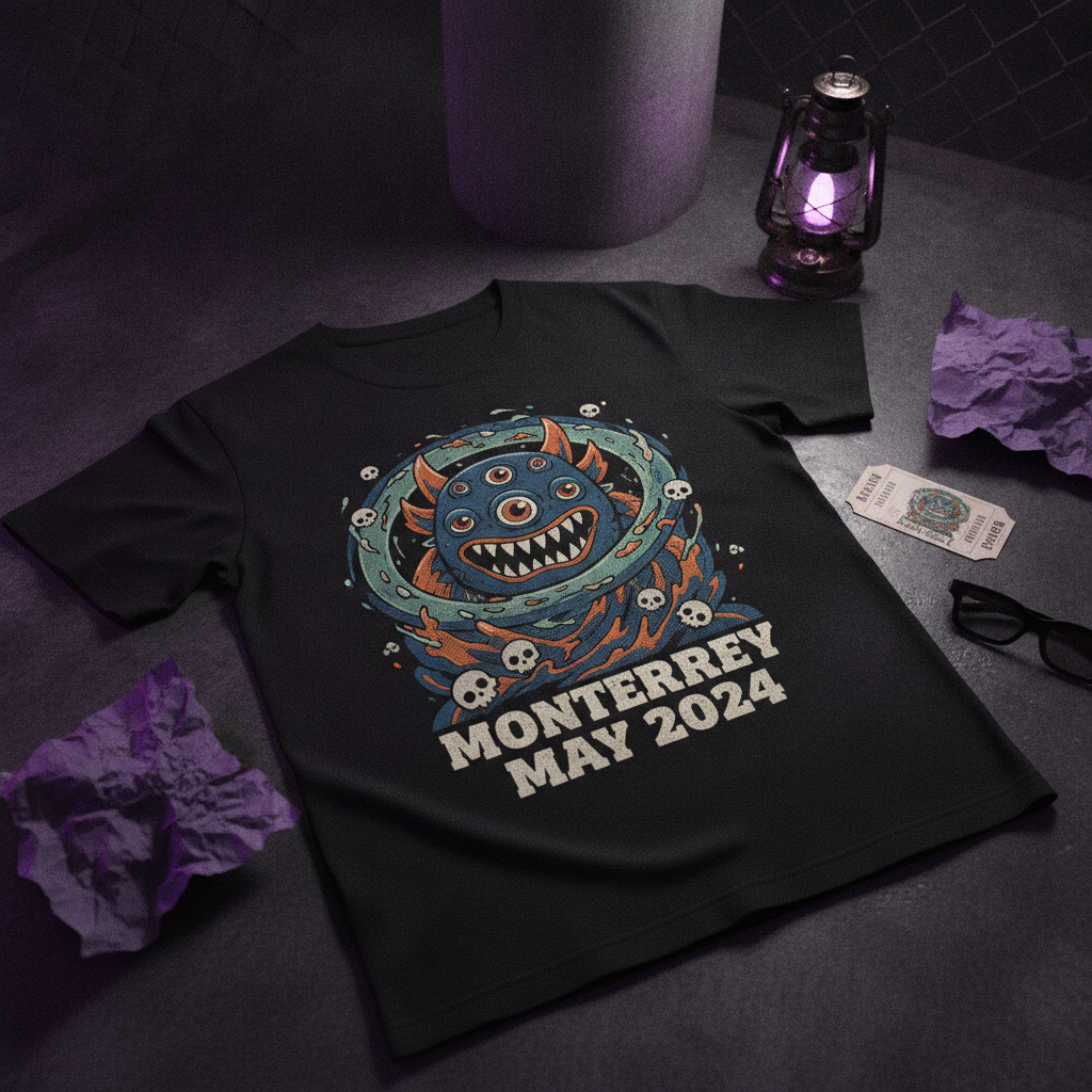 Playera de un evento con fecha y gráfico, usada por una persona entre el público. Sustituir por un trabajo real autorizado.