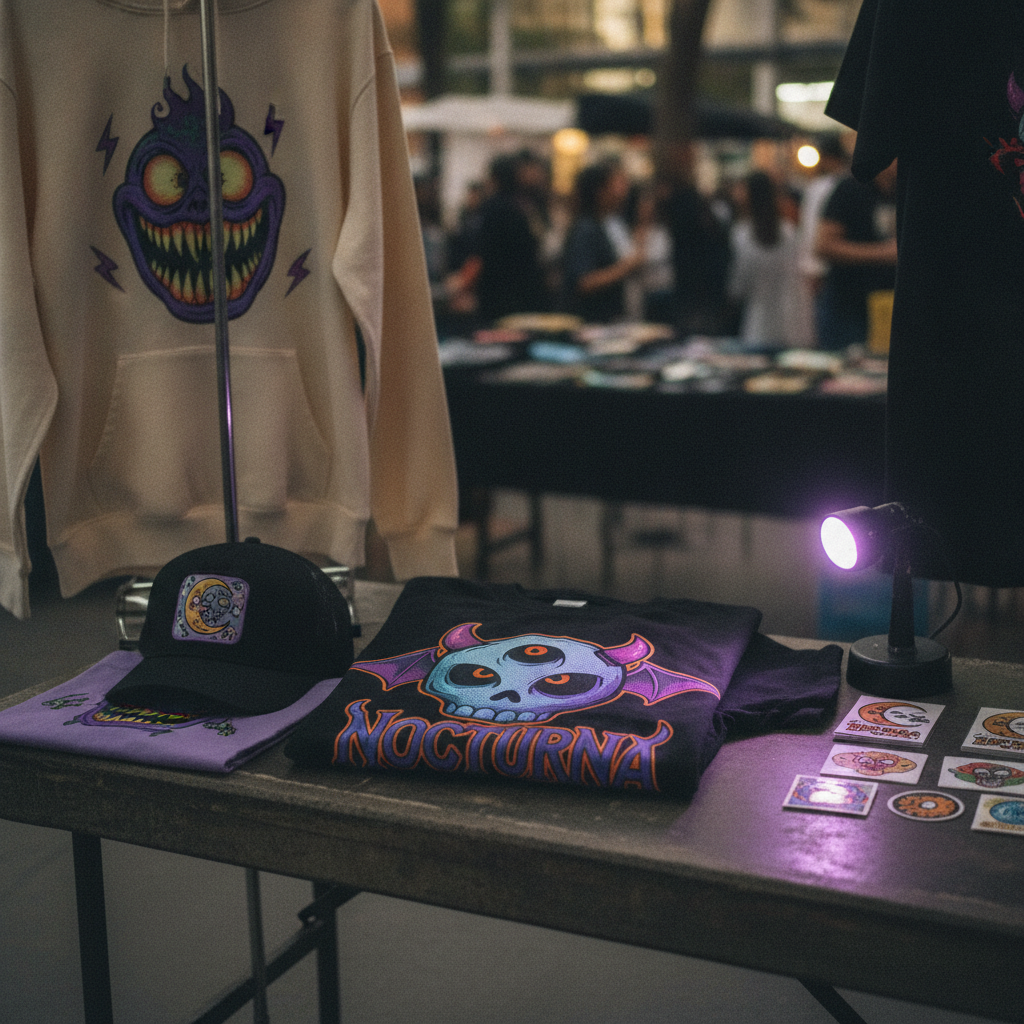 Playera de merch de una banda sobre una mesa de venta junto a otros artículos. Sustituir por un trabajo real autorizado.