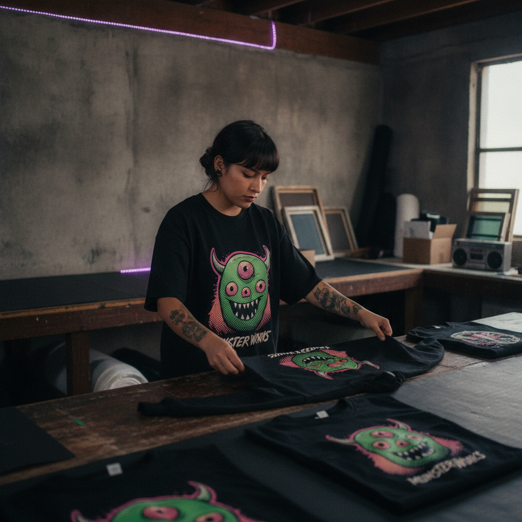 Persona de un negocio local trabajando con una playera de la marca de su empresa. Sustituir por un trabajo real autorizado.
