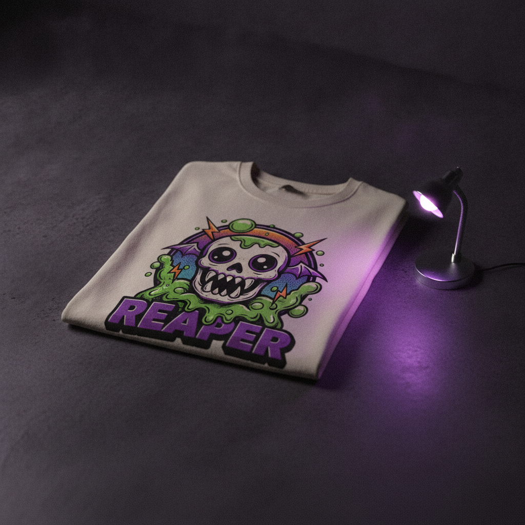 Playera clara con un diseño tipográfico o lettering, encuadre cercano. Sustituir por un trabajo real autorizado.