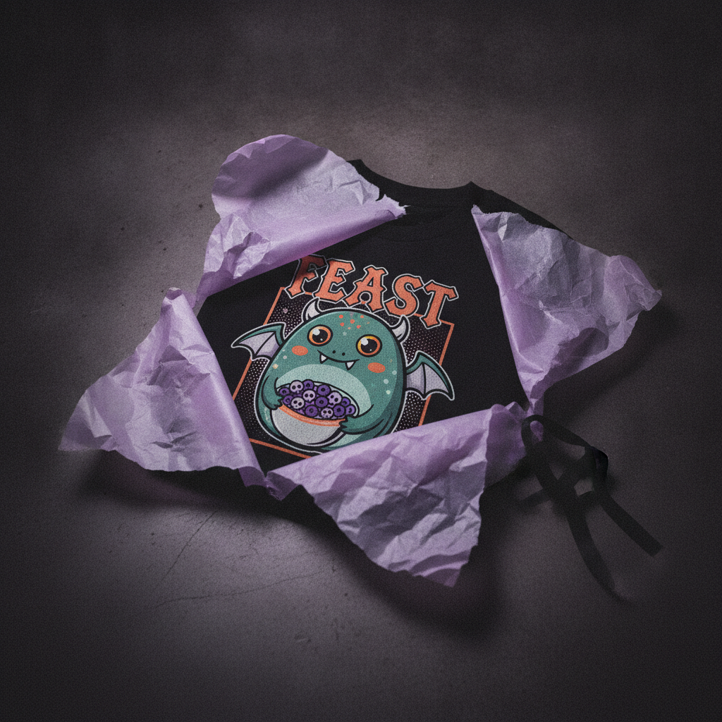 Playera personalizada como regalo, parcialmente desenvuelta. Sustituir por un trabajo real autorizado.
