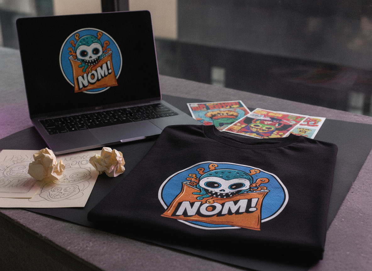 Fotografía editorial de un escritorio creativo: laptop con un diseño abierto, bocetos a lápiz, referencias impresas y una playera doblada; luz natural y paleta oscura con acentos morados.