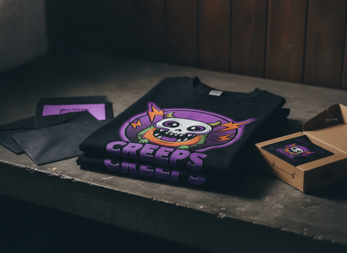 Dos o tres playeras con el mismo diseño, dobladas sobre una mesa de trabajo junto a su empaque; escala pequeña, presentación cuidada.
