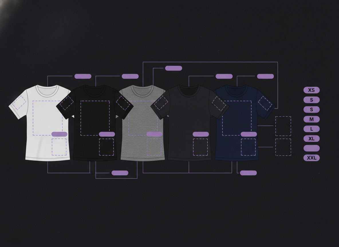 Hilera de playeras lisas en varios colores de prenda acompañada de una escala de tallas; mockup o fotografía de producto sobre fondo neutro.