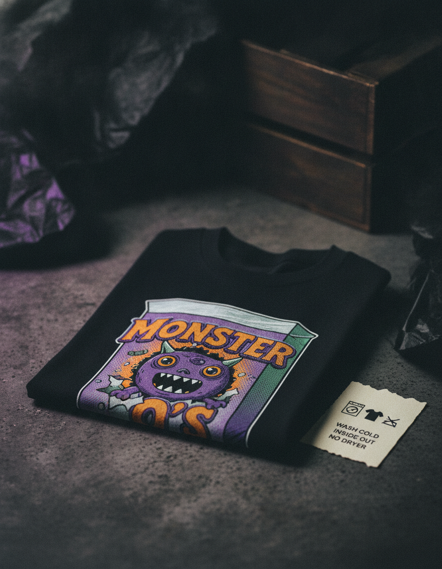 Playera recién impresa doblada junto a una tarjeta con instrucciones de cuidado (lavar en frío, del revés, sin secadora).